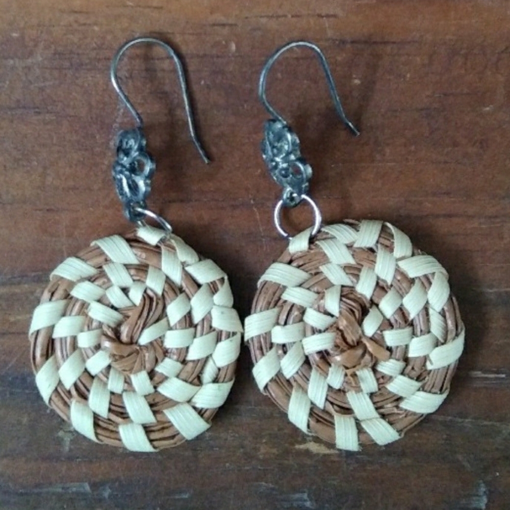 Woven rattan sweetgrass earrings.